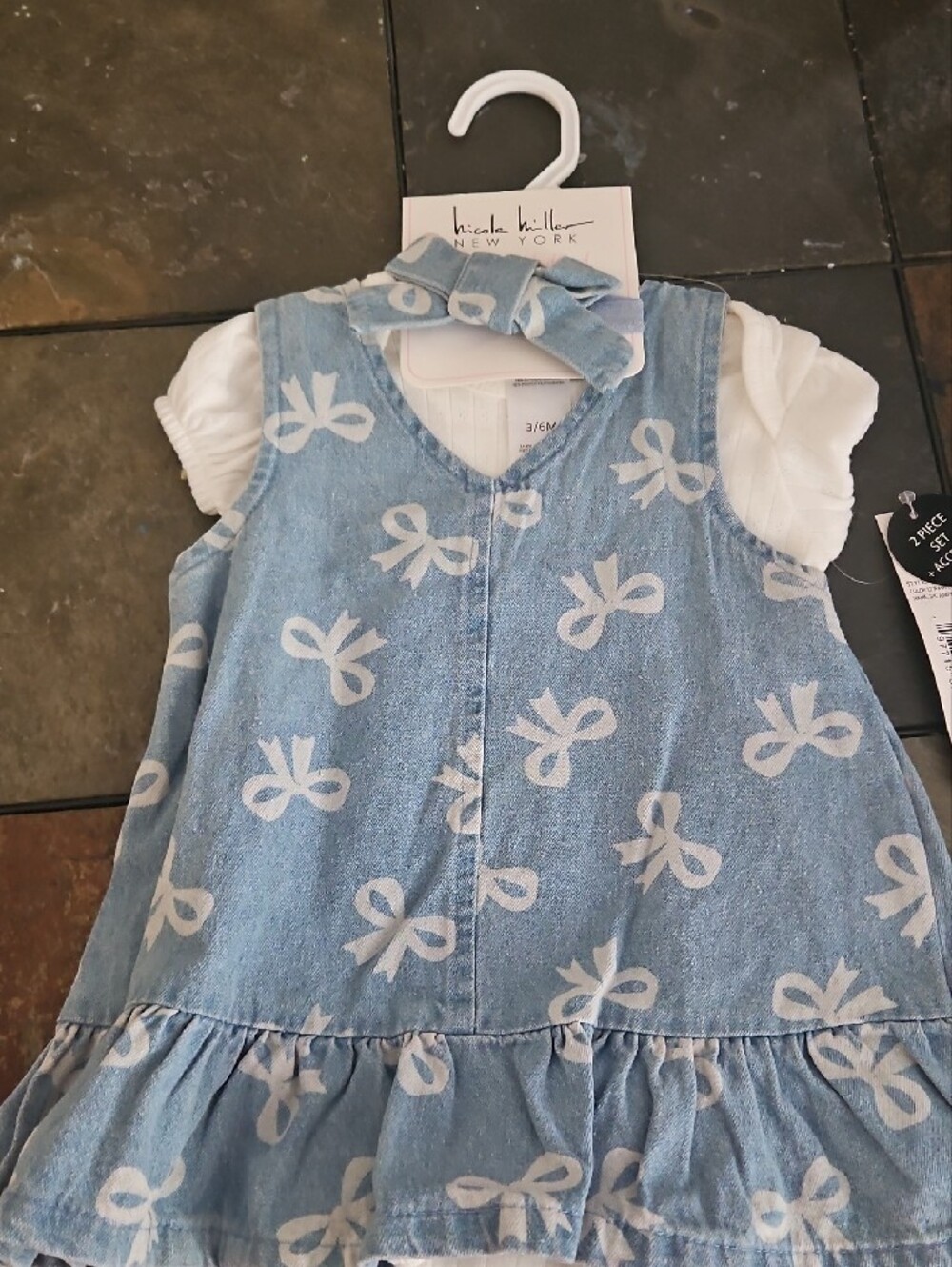 Light Blue Bow-Print Kids Dress with White Top - Brand: (blank)
